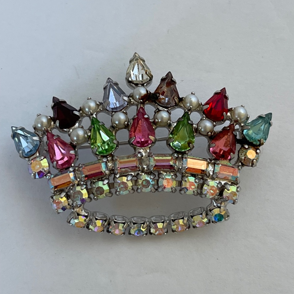 Vintage SIGNED B David Crown Brooch Pin AB & Multi-color Rhinestones Faux Pearl